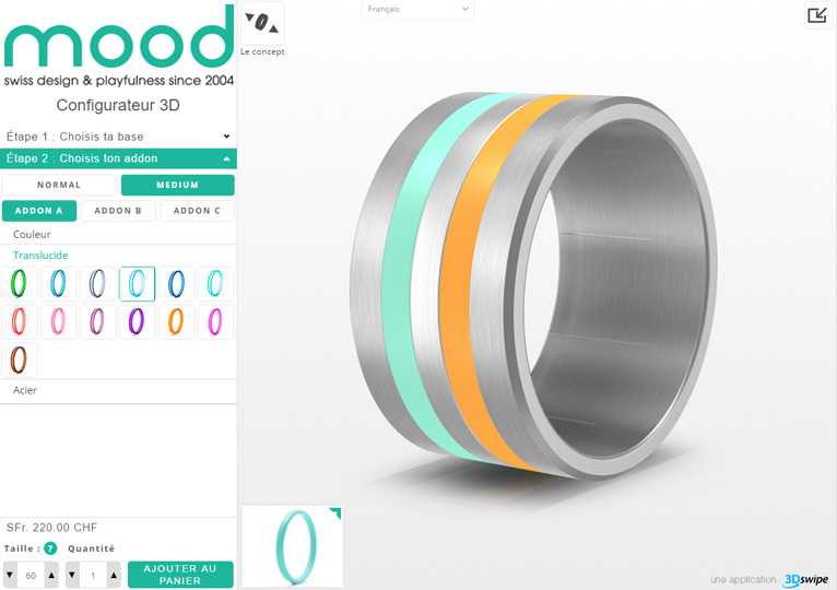 Interface 3DSwipe onfigurateur de bague Mood
