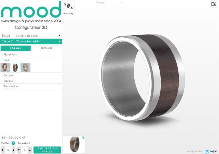 Interface 3DSwipe onfigurateur de bague Mood
