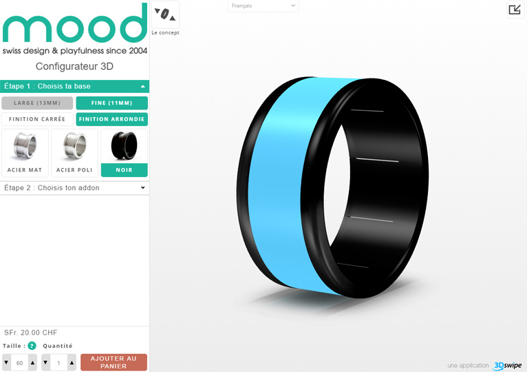 Vue de l'interface UI du configurateur de bague Mood